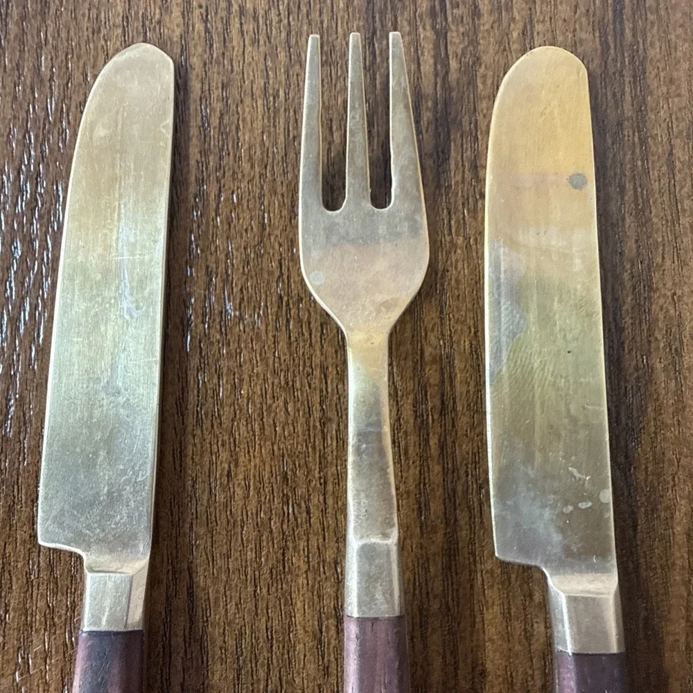 Vintage Wood And Brass Meat & Cheese Fork And Knife Set Charcuterie Board